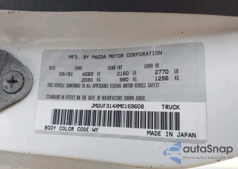 1991 Mazda B2600 Cab Plus z USA, uszkodzony, nr VIN JM2UF314XM0169608